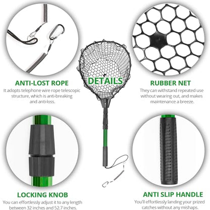 Rubber Fishing Net with Telescoping Handle - High Strength Landing Net for Fishing with Soft Rubber Netting, Two Sizes Options - size: M, Hoop Size: 17.3″ x 13″