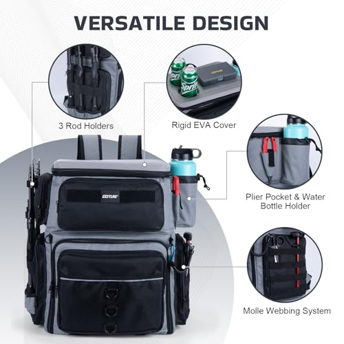 Goture Fishing Backpack with Cooler, 66L 600D Tackle Backpack with 3 Rod Holders, EVA Cover, Helmet Holder, Rain Cover, Saltwater Large Fishing Bag for Camping Hiking, Gear Storage Bag, Gifts for Men - color: A1:gray(without Tackle Box)