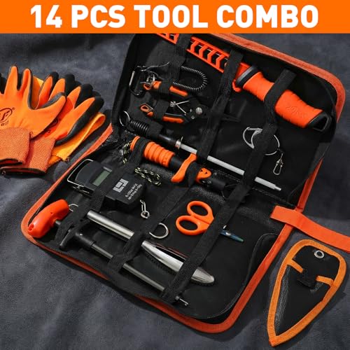 RoundFunny 14 Pcs Fishing Tool Kit, Fillet Knife, Fishing Pliers with Lanyard, Digital Scale, Lip Gripper, Hook Remover Fish Scaler Braid Scissors Gloves Sharpening Rod Retractor Towel Bag - color: Orange, style: B