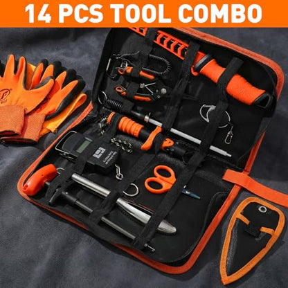 RoundFunny 14 Pcs Fishing Tool Kit, Fillet Knife, Fishing Pliers with Lanyard, Digital Scale, Lip Gripper, Hook Remover Fish Scaler Braid Scissors Gloves Sharpening Rod Retractor Towel Bag - color: Orange, style: B