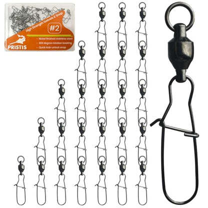 Pristis 25 Pack High Strength Fishing Snap & Swivels, Ball Bearing with Coastlock Snap, Saltwater Corrosion Resistant Connector, Fresh Water Heavy Duty Black Nickel Finish Tackle Kit for Bass Perch - size: #2