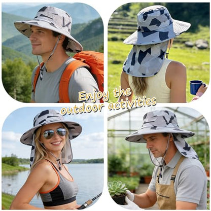 Sun Hats for Men Women, UPF50+ Protection Safari Hat,Wide Brim Fishing Hat with Neck Flap,Bucket Hats for Beach Hiking - color: Camolgrey