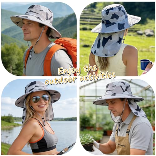 Sun Hats for Men Women, UPF50+ Protection Safari Hat,Wide Brim Fishing Hat with Neck Flap,Bucket Hats for Beach Hiking - color: Camolgrey