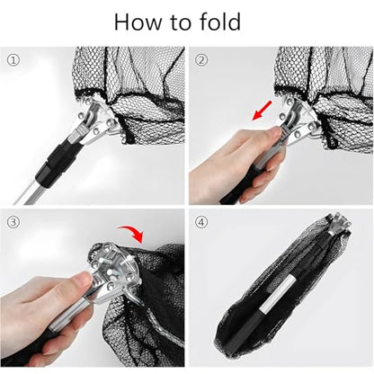 Telescopic Fishing Landing Net, Folding Fishing Nets with Telescopic Rod Handle for Fish Catch Release, Aquarium, Ponds Floating Objects, Carp Trout - color: White pole+black net