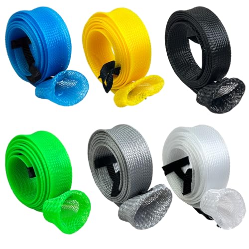 EZYoutdoor Fishing Rod Socks, 7 ft Braided Mesh Rod Sleeves | Fits 6'6-7' Spinning, Casting, Fly Rods, Elastic Lanyard Prevent Tangles, Scratches and Storage Wear - color: 6 Pack (Blue, Green, Yellow, Black, White, Grey)