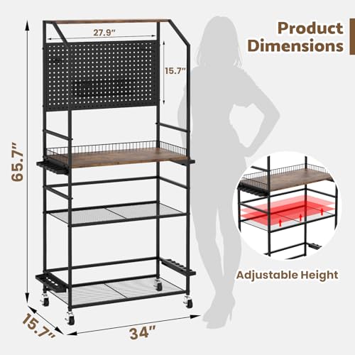 Kikihouse 4-Tier Heavy Duty Fishing Rod Holders for Garage with Pegboard and Hooks, 65.7" Lockable Wheels Fishing Rod Rack Storage Up to 12 Rods, Fishing Pole Stand for Fishing Gear & Equipment