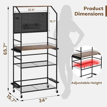 Kikihouse 4-Tier Heavy Duty Fishing Rod Holders for Garage with Pegboard and Hooks, 65.7" Lockable Wheels Fishing Rod Rack Storage Up to 12 Rods, Fishing Pole Stand for Fishing Gear & Equipment