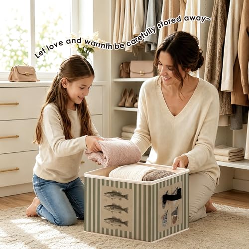 Coastal Beach Fishing Storage Bins with Handles, Olive Green Striped Sea Bass Fish Collapsible Clothes Toys Books Organizer Basket for Beach House Home Bedroom Bathroom