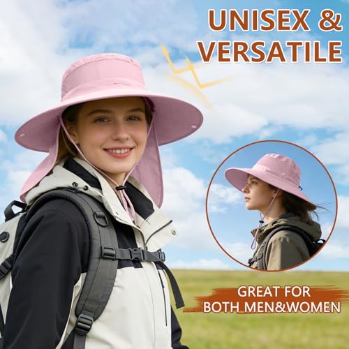 ZOORON Sun Hats for Men Women Fishing Hat with Neck Flap,UPF 50+ Sun Hat Waterproof Wide Brim Bucket Hats for Safari Hiking - color: 1-pink(neck Flap)