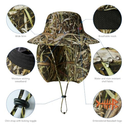 BASSDASH UPF 50+ Breathable Sun Hat with Removable Face Cover and Neck Flap Wide Brim Bucket Hat for Fishing Hiking Men Women - color: Marshreed