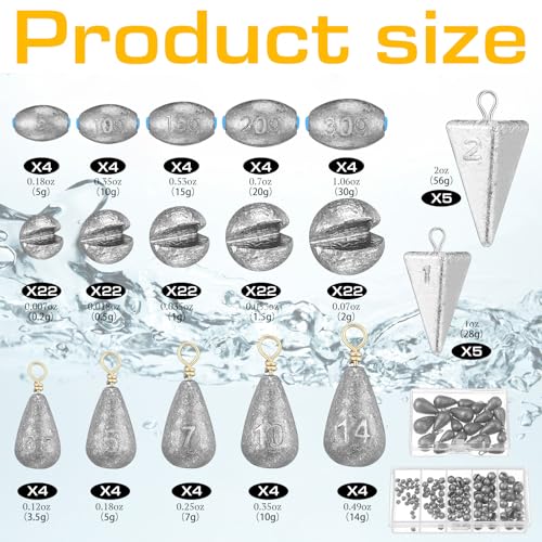 Soulchen 160 Pcs Fishing Weight Sinkers Kit with Tackle Box Bass Casting Drop Shot Egg Pyramid Split Shot Fishing Weight Sinkers for Saltwater Freshwater Catfish Bass