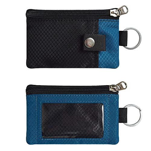 CHENSPRX Minimalist RFID Blocking Small Wallet with ID Window,WaterResistant Zip Id Case Wallet with Lanyard Keychain for Cards,Cash,Travel,Women,Men - color: Black+ElectricBlue