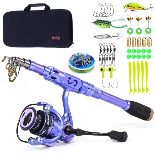 Sougayilang Fishing Rod and Reel Combos Carbon Fiber Telescopic Fishing Pole with Smooth Reel Combo Saltwater Freshwater Kit - color: Purple Full Kit, size: 1.8m/5.91ft