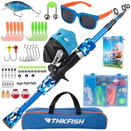 Kids Fishing Pole Set, Telescopic Fishing Rod Reel Combo Kids Starter Kit with Lures Tackle Box, Foldable Stool and Portable Bag for Boys Girls Younth - color: Blue Pole Set with Sunglasses, size: 4.9 ft