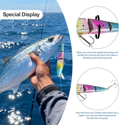 Whopper Fishing Lure for Bass：Popper Top Water Fishing Lures with Floating Rotating Tail Barb Treble Hooks Saltwater Freshwater Plopping Lures Kit - color: 5pcs 3 Jointed