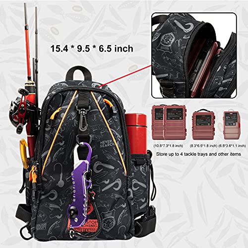 KINGDOM Fishing Tackle Storage Bag With Fishing lure Box, Water-Resistant Fishing Backpack with Rod Holder, Fishing Gear Bag - color: Black