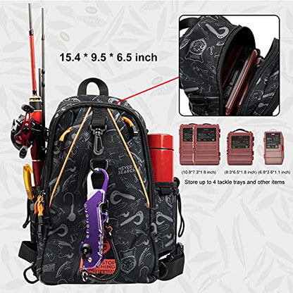 KINGDOM Fishing Tackle Storage Bag With Fishing lure Box, Water-Resistant Fishing Backpack with Rod Holder, Fishing Gear Bag - color: Black