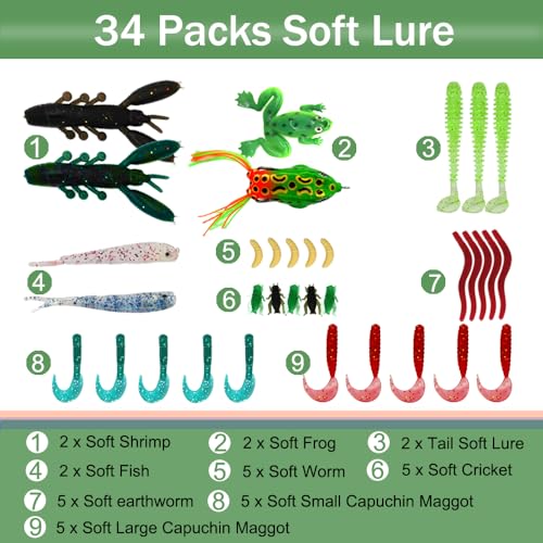 LASOCUHOO Fishing Lures Kit, Spoon Lures, Soft Plastic Worms, Frog Lures, Bait Tackle Kit for Bass, Trout, Salmon for Freshwater and Saltwater