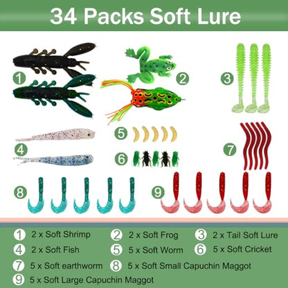 LASOCUHOO Fishing Lures Kit, Spoon Lures, Soft Plastic Worms, Frog Lures, Bait Tackle Kit for Bass, Trout, Salmon for Freshwater and Saltwater
