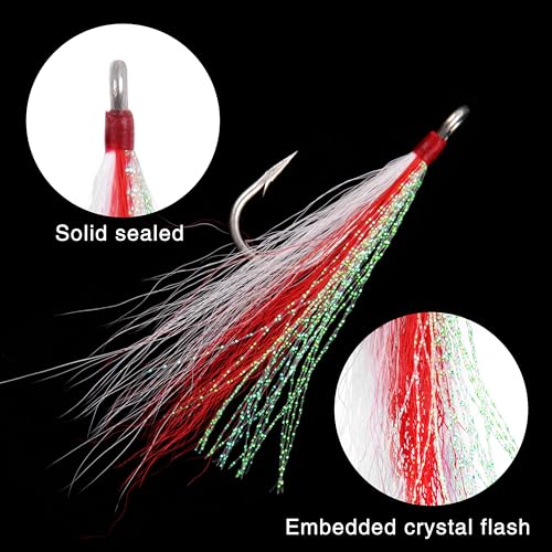 Bucktail Teasers Fishing Hooks Saltwater Flounder Rig Bucktail Mylar Teasers Inserted Stainless Steel Fishing Teaser Hooks for Striped Bass Trout Catfish Cod Flounder Hi/Lo Rig Jigs Spoons Lures - color: Red, size: 6pcs