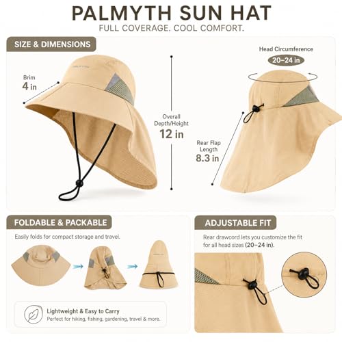 Palmyth Fishing Hat Wide Brim Sun Hat with Neck Flap & Sunglasses Storage | Sun Protection, Adjustable Fit, Breathable Mesh & Sweatband, Foldable, For Men & Women - color: Khaki