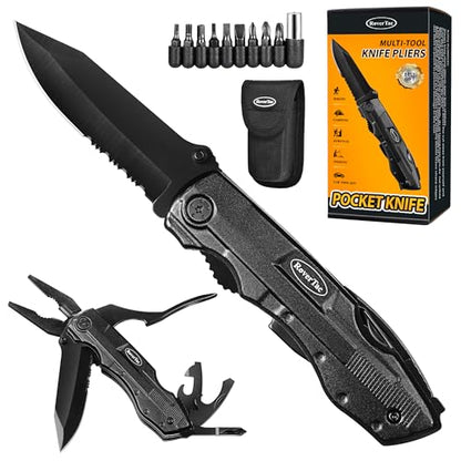 RoverTac Pocket Knife, 15-in-1 Multitool with Pliers, Bottle & Can Opener, 9 Screwdriver Bits, Locking Mechanism & Nylon Sheath - EDC Multi Tool for Camping, Hiking & DIY, Gift for Men & Dad - style: Multi-Knife Pliers