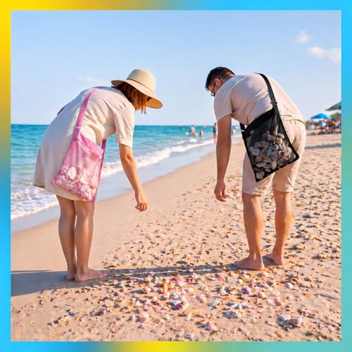 VioraWhite 2 Pcs Extra Large 14 x 16inch Clam Mesh Chum Beach Bags for Seashells Clams Treasures Sand Away Foldable Shell Collection Bags with Adjustable Straps (Pink,Black) - color: Pink,Black
