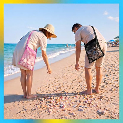 VioraWhite 2 Pcs Extra Large 14 x 16inch Clam Mesh Chum Beach Bags for Seashells Clams Treasures Sand Away Foldable Shell Collection Bags with Adjustable Straps (Pink,Black) - color: Pink,Black