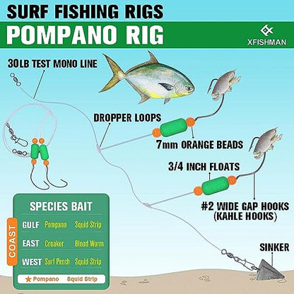 Pompano-Rigs-for-Surf-Fishing-Saltwater-Gear with Double Circle & Wide Gap Hook-6-Pack Surf Fishing Tackle - color: Green Floats 6-Pack, size: #2 Wide Gap Hook