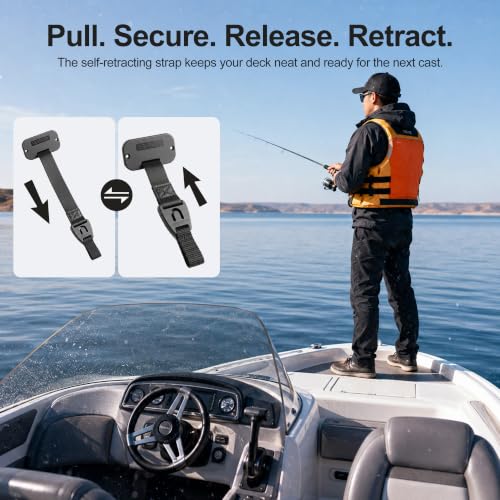 Retractable Rod Straps for Fishing Rods, Gunwale/Deck Mount Self-Retracting Tie-Down Straps, F14200 Rod Saver Strap Fishing Rod Holder, Fishing Pole Holders for Boat Deck, Black - color: 2 PACK