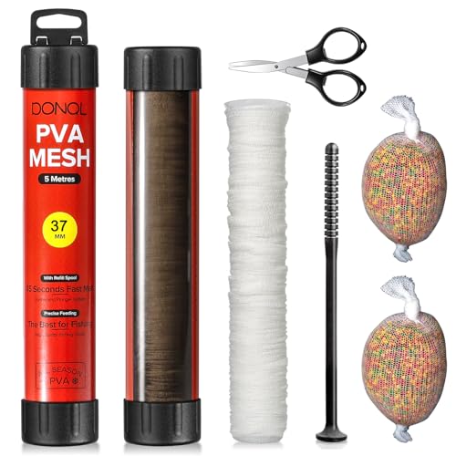 DONQL 5M PVA Mesh Carp Fishing with Scissors, 45" Fast Water Soluble Mesh Bags Refill Bait with Plunger, PVA Bags Carp Fishing Refill Stocking for Boilie Rig Pellets Bags Holder - size: 37mm