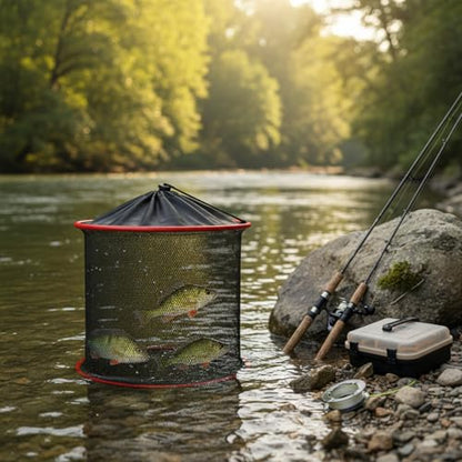 Collapsible Mesh Fish Keeper Bag, Portable Polyester Net for Freshwater Fishing, Black - size: 9.84 x 9.84 x 11.81"
