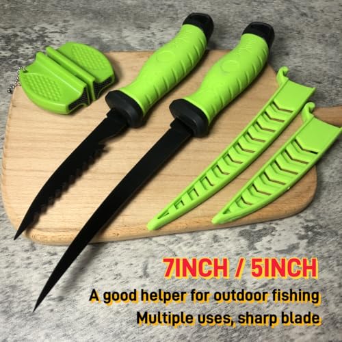 2PCS Fillet Knife Set, 5 & 7 inch Stainless Steel Kitchen Filet Knife for Fish, Fishing Gear, Fishing Tool Set, Fishing Accessories Gift, with Sharpener and Cutting Resistant Gloves, Green - color: 2PCS-Green