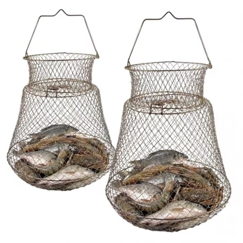 2pcs Metal Rustproof Collapsible Fish Basket - Robust and Easy to Use Net Cage for Live Fish