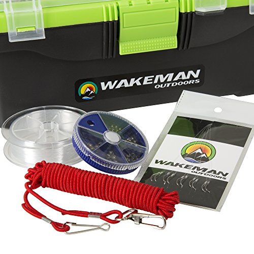Fishing Single Tray Tackle Box- 55 Piece Tackle Gear Kit Includes Sinkers, Hooks Lures Bobbers Swivels and Fishing Line By Wakeman Outdoors Lime Green