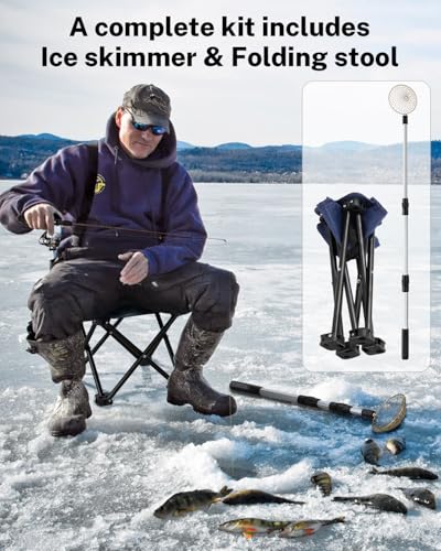 Gonex Ice Fishing Rod Reel Combo Medium Light Carbon Fiber Fiberglass Portable Complete Kit Include Skimmer Spare Rod Spinning Ice Fishing Reel Ice Jig Folding Stool for Winter Fishing - size: 28in, Medium Light