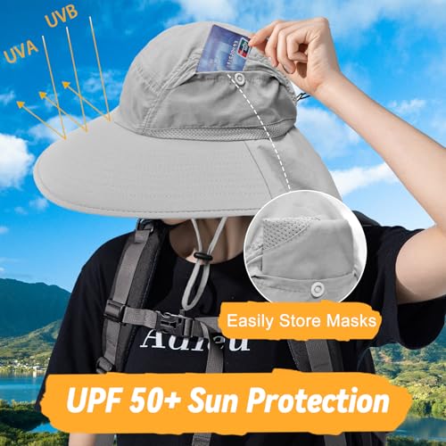 Sun Hats for Men Women Detachable Face Cover Wide Brim Fishing Hats with Neck Flap UPF 50+ Outdoor Safari Hats - color: Light Grey