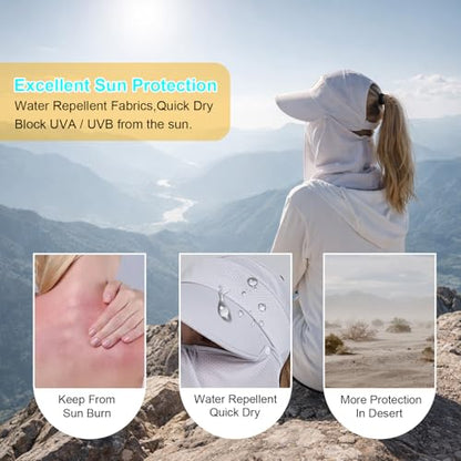 Women Wide Brim Face Mask Sun Hat Detachable Neck Face Flap Ponytail UV Protection Visor Hat Garden Fishing Hiking - color: Bg8094-lightgray