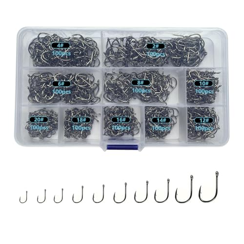 Dyxssm Small Fishing Hooks for Freshwater, 1000pcs 600pcs 400pcs Trout Fish Hook Set, 10 Sizes #2-#20 - color: Black, style: 1000pcs (#2-#20)