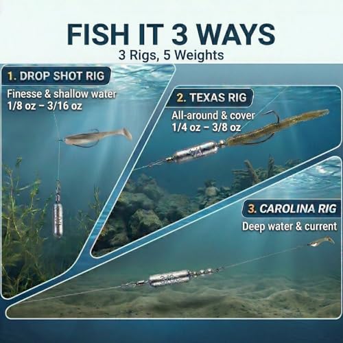 Drop Shot Fishing Weights, Lead Sinkers, 1/8oz, 3/16oz, 1/4oz, 3/8oz, 1/2oz, for Bass Fishing, Drop Shot Rig, Wacky Rig, Finesse Fishing - size: 55 Pcs / 5 Sizes
