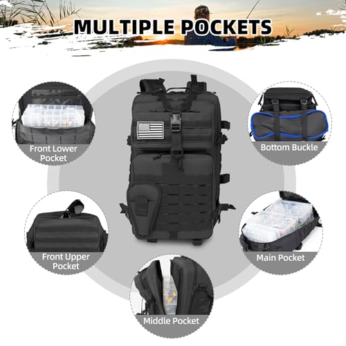 TBNBO 45l Large Fishing Tackle Backpack with Removable Plier Holder & Rod Holders, Fishing Gear and Tackle Box Organizer, Hiking Rucksack without Tackle Box,Black Tactical Bag - color: Black