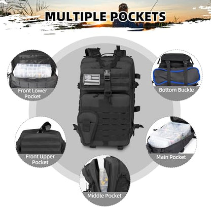 TBNBO 45l Large Fishing Tackle Backpack with Removable Plier Holder & Rod Holders, Fishing Gear and Tackle Box Organizer, Hiking Rucksack without Tackle Box,Black Tactical Bag - color: Black