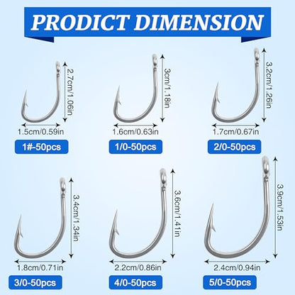 Live Bait Hooks Saltwater, 50pcs O'shaughnessy Circle Hooks Short Shank Stainless Steel Fishing Hooks in-Line Point Fishing J Hooks for Catfish Tuna Bass Salmon Size 1#-5/0 - size: 1/0-50pcs