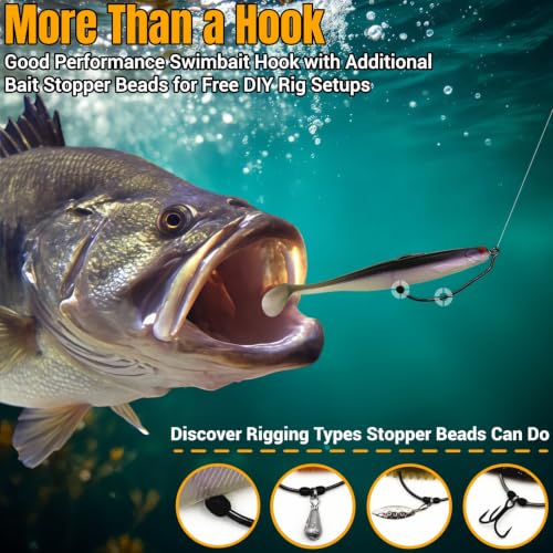 EWG Swimbait Hooks with Screw Lock, 20Pcs Bass Hooks 1/0-6/0 | Wide Gap Weedless Hooks for Bass Fishing, Bait Stopper Beads for DIY Riggings, Sharp Soft Plastic Worm Hooks - size: Selected Sizes Kit
