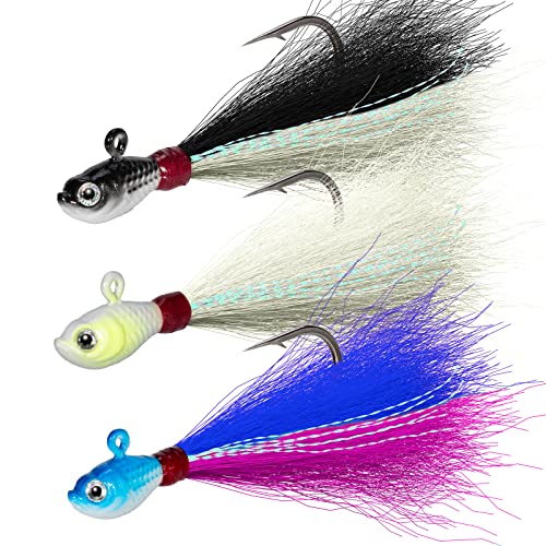 Dr.Fish 3 Pack Bucktail Jig Lure Hair Jig Saltwater Freshwater Lures Surf Fishing Bass Flounder Striper Bluefish Halibut Redfish - color: white,white&black,blue&pink (Pack of 3), size: 1/2 oz