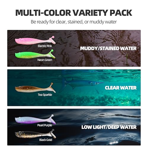 30pcs Soft Plastic Swimbaits with Paddle Tail, T-Tail Fishing Lures for Vertical Jigging and Casting, Freshwater Swimbaits for Bass, Trout, Walleye & Crappie - color: Classic, 2.5''