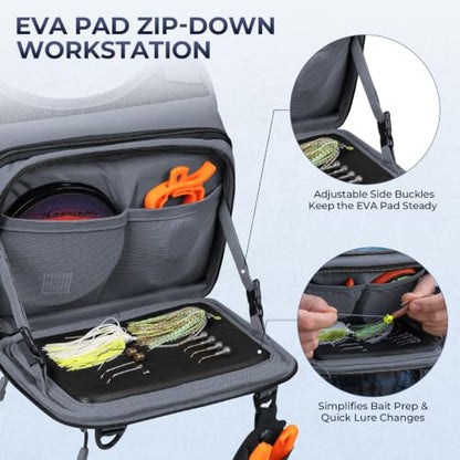 KastKing Bait Boss Water-Resistant Fishing Chest Pack With EVA Zip-Down Workstation, MOLLE Storage, Adjustable Chest Straps - color: C: Gray