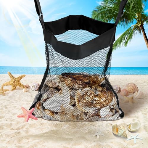 VioraWhite 2 Pcs Extra Large 14 x 16inch Clam Mesh Chum Beach Bags for Seashells Clams Treasures Sand Away Foldable Shell Collection Bags with Adjustable Straps (Black) - color: Black