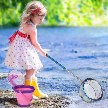 2 Pack Telescopic Kids Fishing Net with Handle, 2 Collapsible Bucket Sand Pail, Stainless Steel Foldable Fishing Net Small Fishing Butterfly Bug Net Beach Shovel with Storage Bag - color: Green Pink Purple Blue