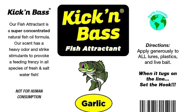 Kick’n Bass Fish Attractant, Supercharged Concentrated Natural Fish Oil Formula Scent for Fishing Lures, One 4 fl oz Bottle. (10 Scents to Choose from) - color: Garlic - Kick’n Bass Fish Attractant